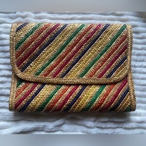 Woven Straw/Jute Multicolored Stripped Bi-Fold Clutch Bag Hong Kong Vintage boho